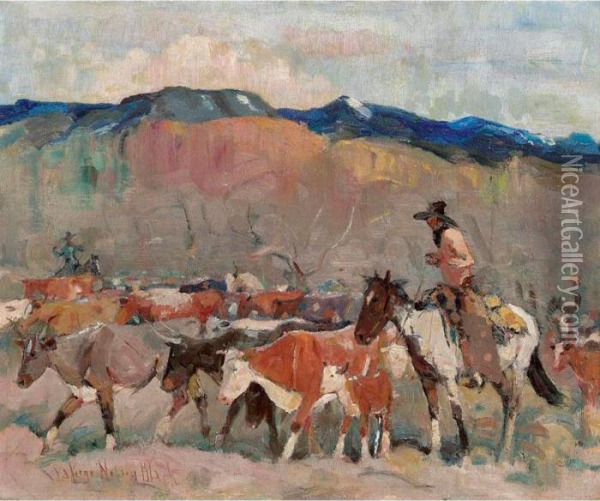 Cowboy Herding Cattle Oil Painting - Laverne Nelson Black