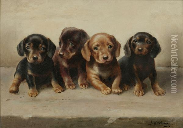 Four Dachshund Puppies Oil Painting - Carl Reichert