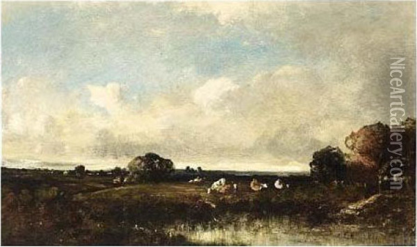Cows In An Extensive Landscape Oil Painting - Leon Victor Dupre