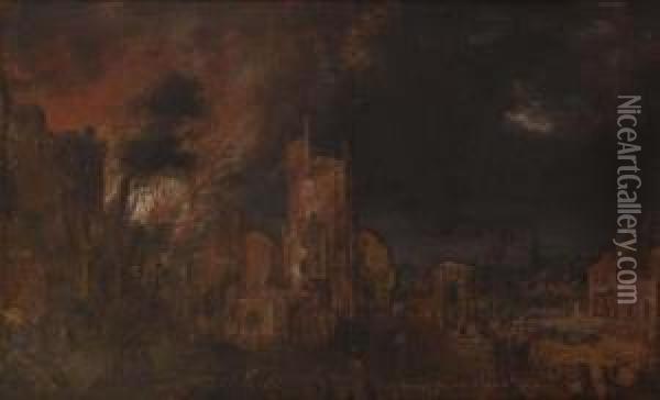 Lincendie D'une Ville Pres D'une Tour Moyenageuse Oil Painting - Daniel van Heil