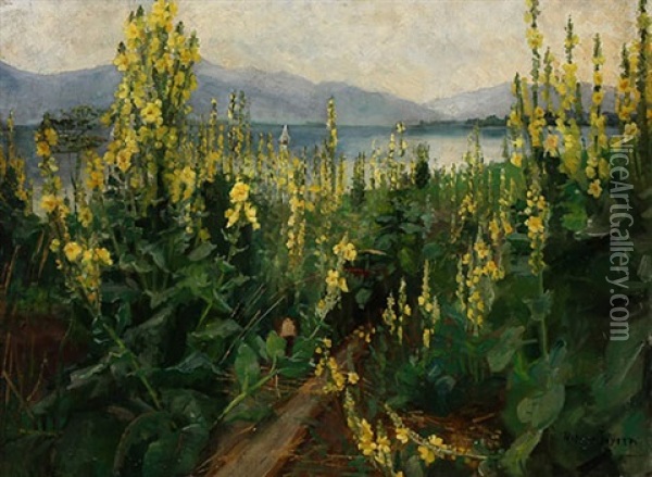 Yellow Flowers In A Mountain Landscape Oil Painting - Helen Iversen