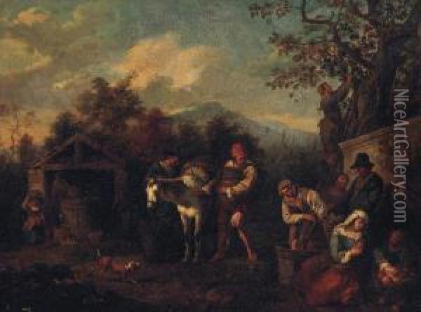 Peasants Harvesting Grapes Oil Painting - Paolo Monaldi