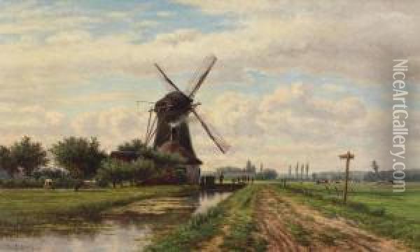 Windmill In A Dutch Landscape Oil Painting - Johan Nicolaas Van Lokhorst
