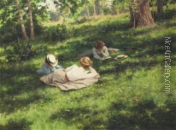 Tre Lasande Kvinnor I Sommarlandskap Oil Painting - Johan Fredrik Krouthen