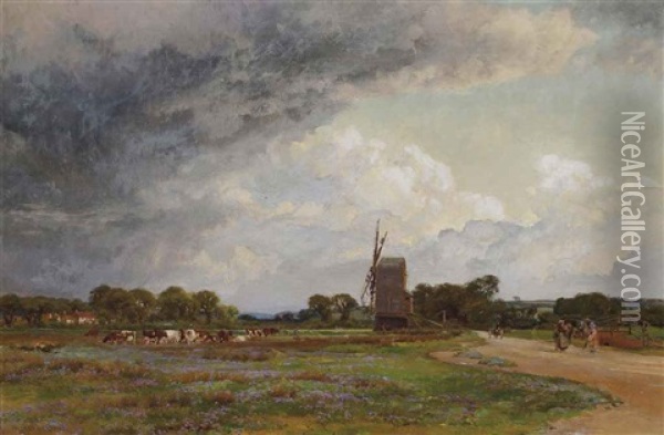 Cattle Grazing Before A Windmill Oil Painting - Alfred William Parsons
