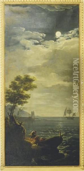 Fisherman In The Bay Moonlight Oil Painting - Claude-joseph Vernet