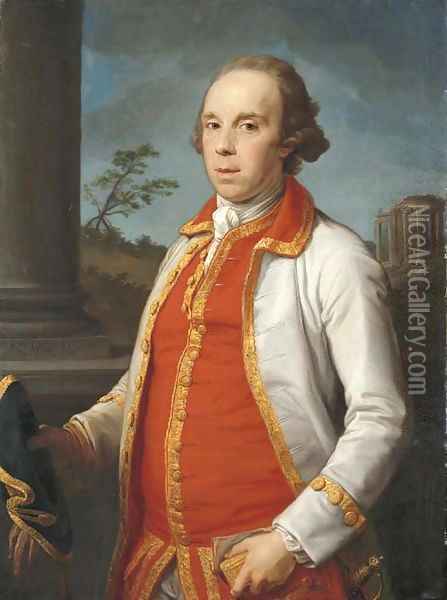 Portrait of Robert Udny (1722-1802), half-length, in a gold-trimmed coat, holding a hat and gloves in his right hand, the Temple of the Sybil at Tivol Oil Painting - Pompeo Gerolamo Batoni