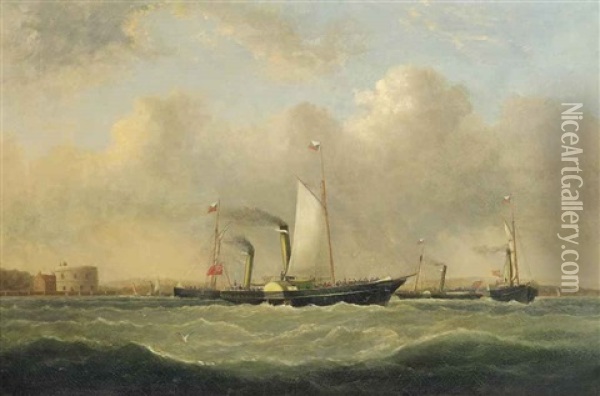 Southampton-cowes Ferries Off Calshot Castle Oil Painting - Arthur Wellington Fowles