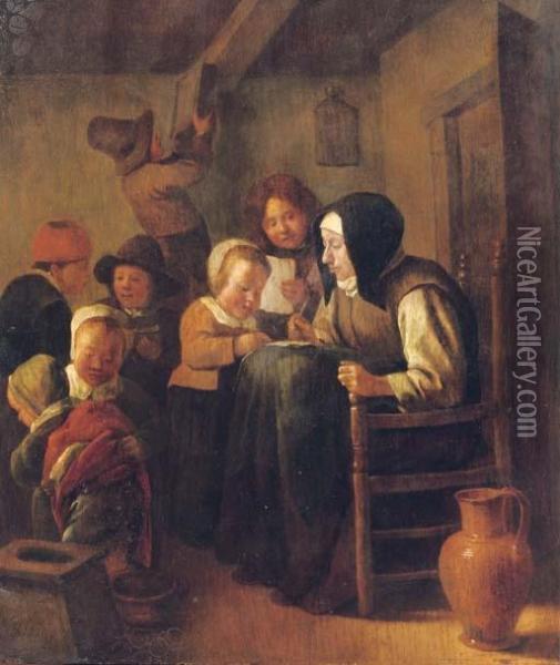 A Woman Teaching Children To Read And Write In An Interior Oil Painting - Jan Steen