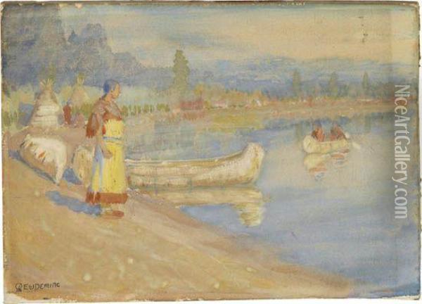 River Scene With Native Americans And Canoes Oil Painting - Edwin Willard Deming