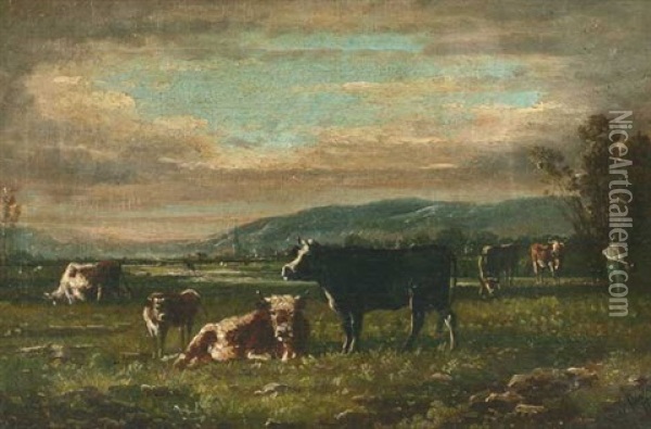 Kuhe Auf Der Weide Oil Painting - Clement (Charles-Henri) Quinton