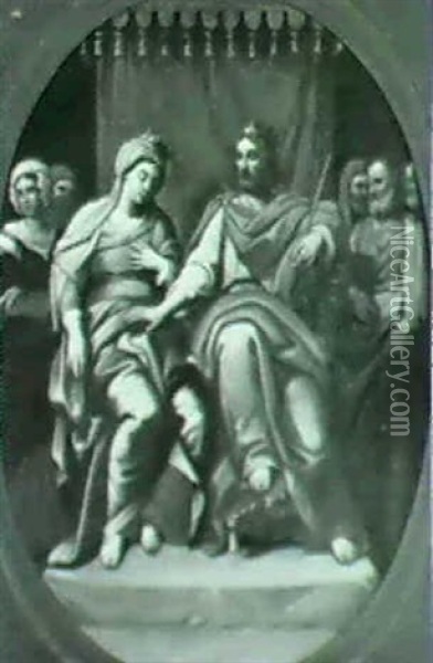 King Soloman And Queen Esther Surrounded By Royal Court Oil Painting - Francesco Padovanino