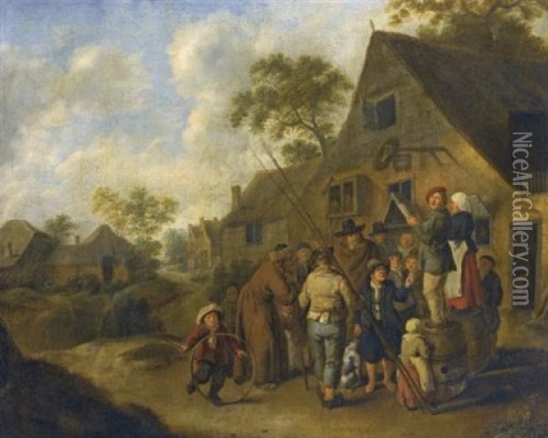 A Village Street With Villagers Gathered Around Two Figures Proclaiming News, Standing On Barrels Outside An Inn Oil Painting - Jan Miense Molenaer