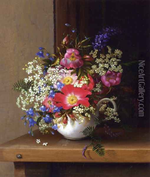 Still Life with Dog Roses, Larkspur and Bell Flowers in a White Cup Oil Painting - Adelheid Dietrich