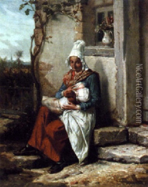 A Breton Maid With Her Child Oil Painting - Benedict Masson