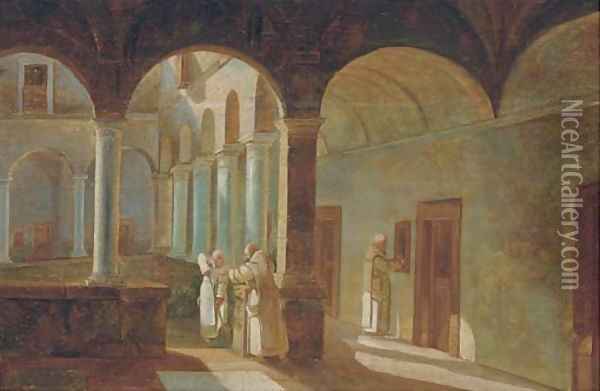 Monks in a sunlit cloister Oil Painting - Ferdinand Marie Delvaux