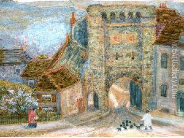 Figures By A Fortified Gate Oil Painting - Arthur Hughes