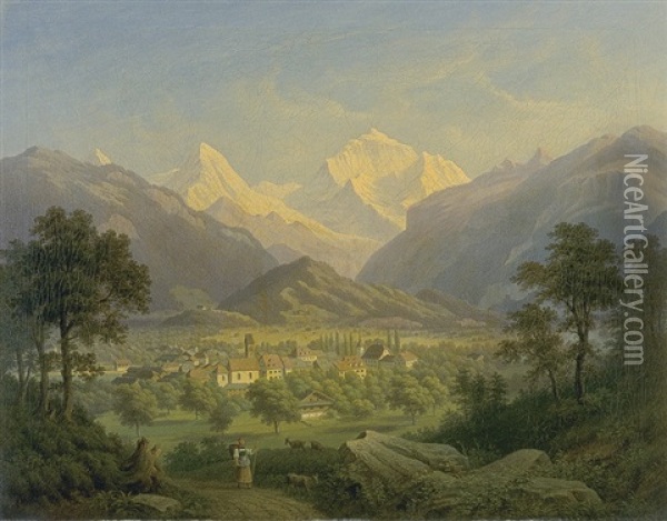 Blick Auf Unterseen Und Das Jungfraumassiv Oil Painting - Anton Winterlin