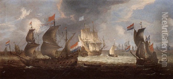 Dutch Men-of-war And Other Shipping Off Amsterdam Oil Painting - Abraham de Verwer