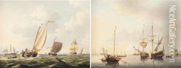 A Dutch Schuyt And Other Shipping In A Still Breeze Oil Painting - John Cleveley the Younger