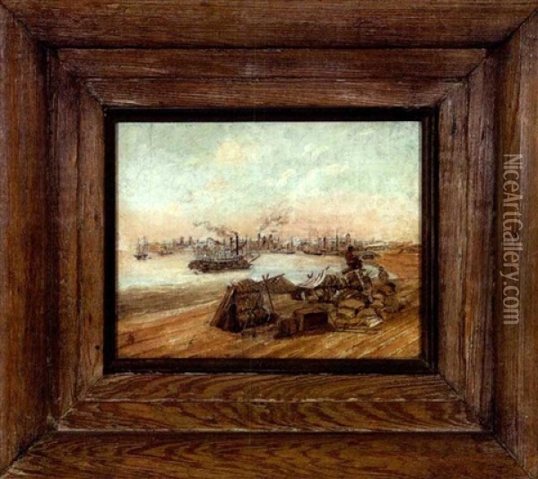 Flatboater Unloading At The Lower Levee Wharf, New Orleans Oil Painting - Marshall Joseph Smith Jr.