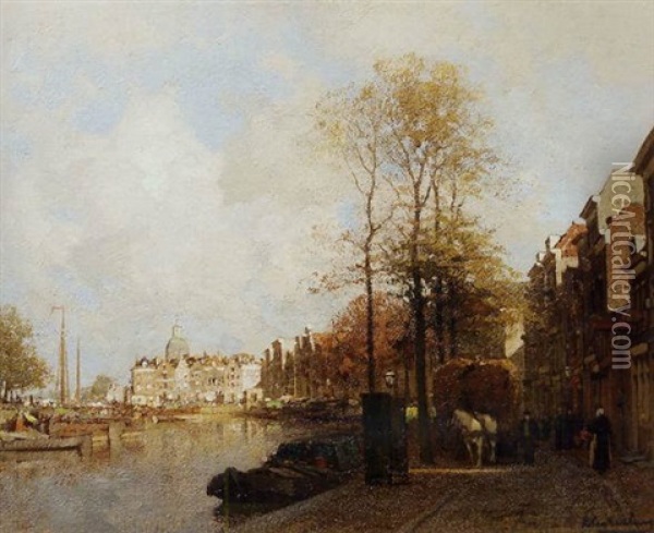 Along A Canal, Leiden Oil Painting - Johannes Christiaan Karel Klinkenberg