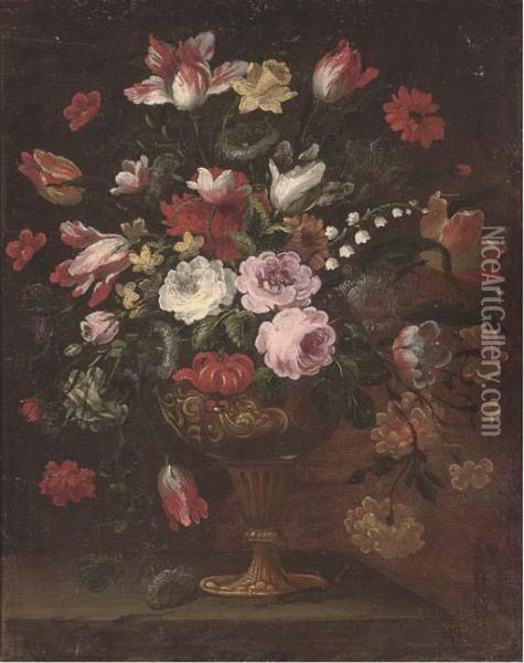 Parrot Tulips And Other Flowers In An Urn On A Ledge Oil Painting - Mario Nuzzi Mario Dei Fiori