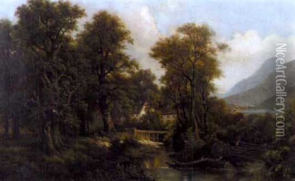 Flusslandschaft Mit Wassermuhle Im Wald Oil Painting - Josef Burgaritzky