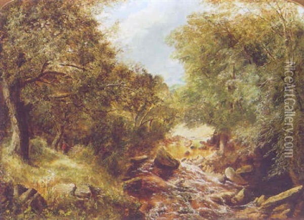 A Figure On A Path In A Wooded River Landscape Oil Painting - Thomas Creswick