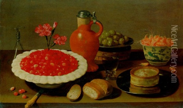 Wild Strawberries In A Porcelain Bowl With Carnations, A Stoneware Flagon, A Roemer With Other Objects On A Wooden Ledge Oil Painting - Jacob Fopsen van Es