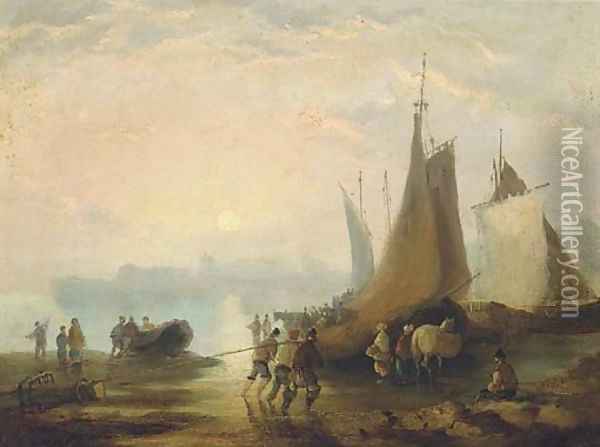 Figures on a beach unloading the catch Oil Painting - William Joseph Shayer