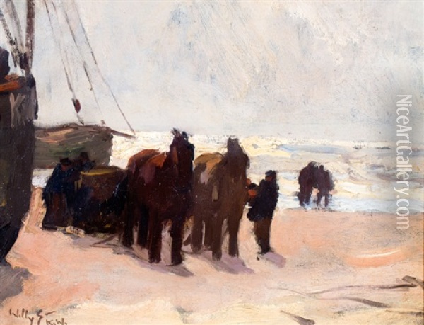 Vissers Met Sleperspaarden En Boten Op Het Katwijkse Strand Oil Painting - Willy Sluijter