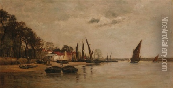 Bateaux En Bord De Riviere Oil Painting - Karl Pierre Daubigny