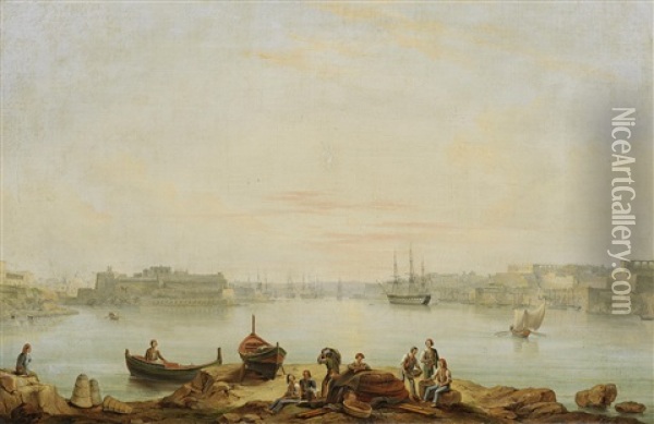The English Fleet In The Grand Harbour At Valletta, Malta Oil Painting - Anton Schranz the Younger