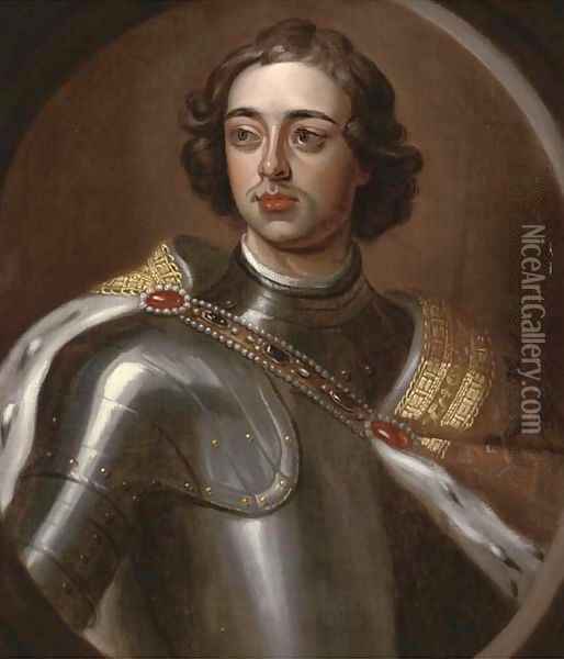Portrait of Peter the Great (1672-1725), Tsar of Russia, half-length, in armour, feigned oval Oil Painting - Sir Godfrey Kneller