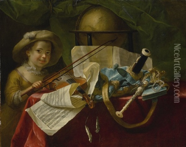 Still Life Of Musical Instruments, A Globe And Other Objects On A Table Draped In A Red Velvet Cloth, With A Young Girl Holding A Bow Oil Painting - Nicolas Henry Jeaurat De Bertry