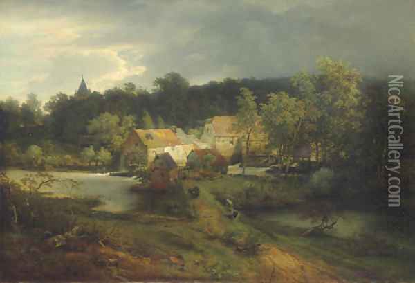 The Watermill in the Village Oil Painting - Andreas Achenbach