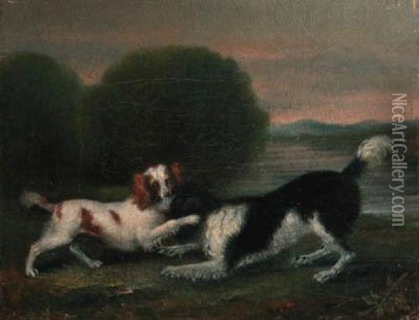 Spaniels Playing In A Wooded River Landscape Oil Painting - George Stubbs