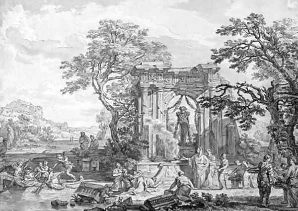 A classical landscape with a sacrifice offered to Pan in the ruins of a temple Oil Painting - Isaac de Moucheron