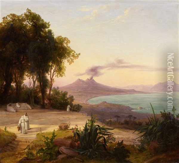 The Bay Of Naples With View Of Mount Vesuvius Oil Painting - August Wilhelm Julius Ahlborn