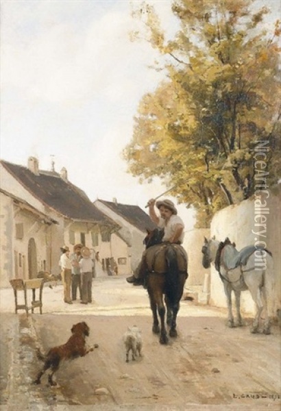 Dorfstrasse Mit Reiter Und Hunden Oil Painting - Leon Gaud
