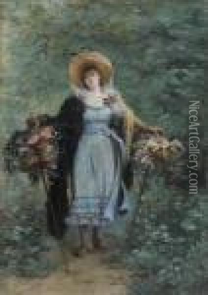Jeune Femme Aux Bouquets Oil Painting - Georges Jules Victor Clairin