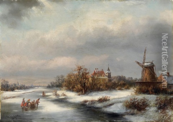 Winterliche Kanallandschaft In Holland Oil Painting - Ludwig Kergel