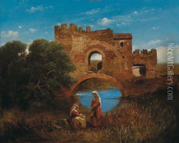 Roman Landscape With Two Women By A River Oil Painting - Johann Novopacky