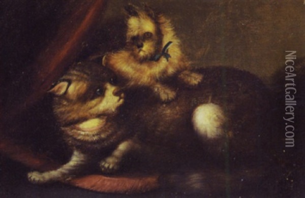 Friends - A Terrier Pup And The Old Cat Oil Painting - George Armfield