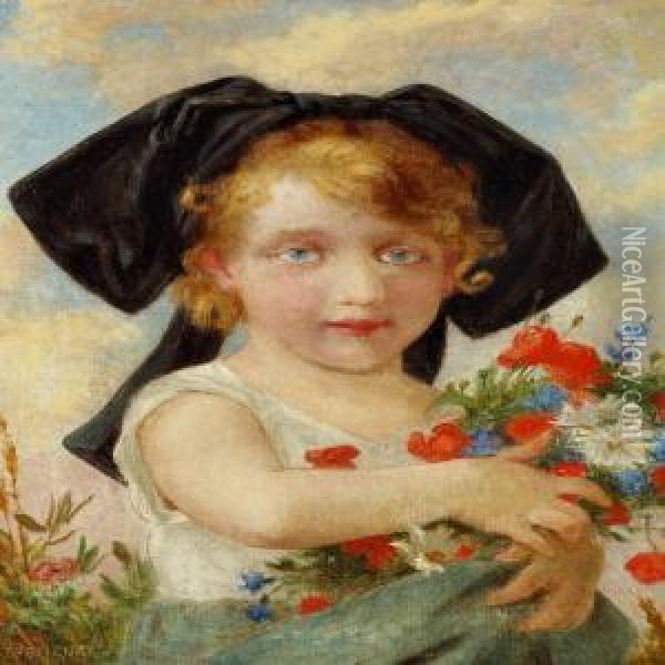 A Little Girl With An Armful Of Field Flowers Oil Painting - Guillaume Seignac