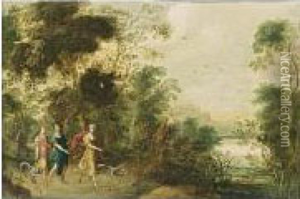 A Wooded Landscape With Three Huntresses And Their Hounds On A Path Oil Painting - Jasper van der Lamen