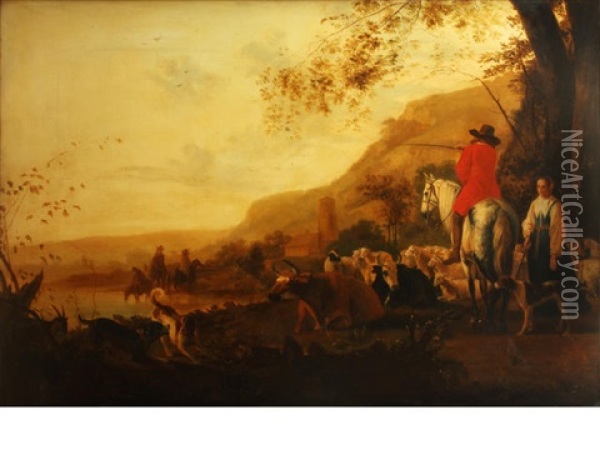 Drovers With Their Flocks By A River, A Farmhouse Beyond Oil Painting - Joseph Arthur Crowe