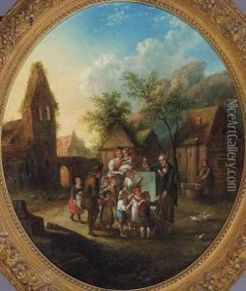 Village Scene Of A Busker Entertaining Children With Dancing Dogs Oil Painting - German Alvarez Algeciras