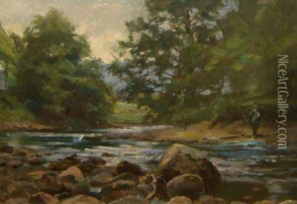 An Angler Fishing From A River Bank In Wooded Landscape Oil Painting - Robert Payton Reid